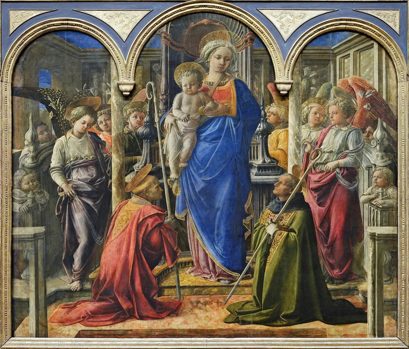 De Maagd en het Kind omringd door engelen, Sint Frediano en Sint Augustinus - Fra Filippo Lippi
