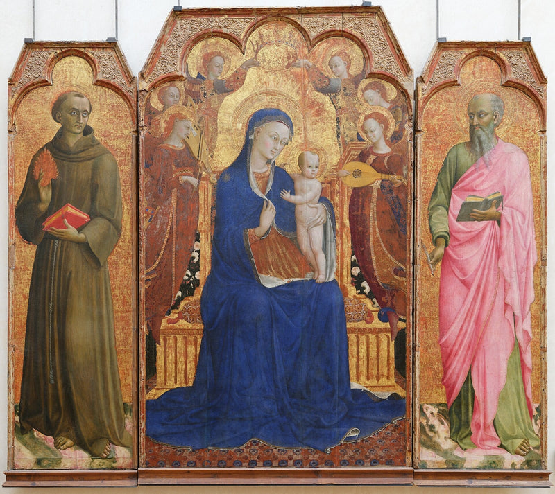 De Maagd en het Kind omringd door engelen, Sint-Antonius van Padua en Sint Johannes de Evangelist - Stefano di Giovanni (Sassetta)
