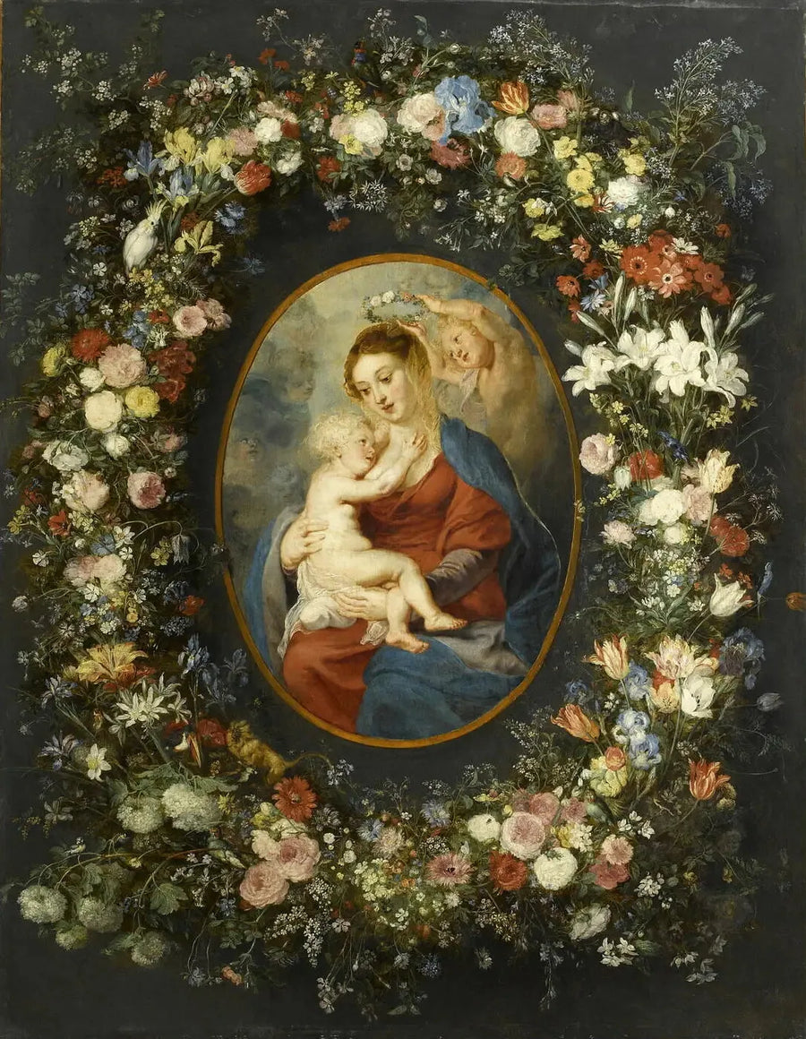 De Maagd, het kind Jezus en een engel in het midden van een bloemenkrans - Peter Paul Rubens