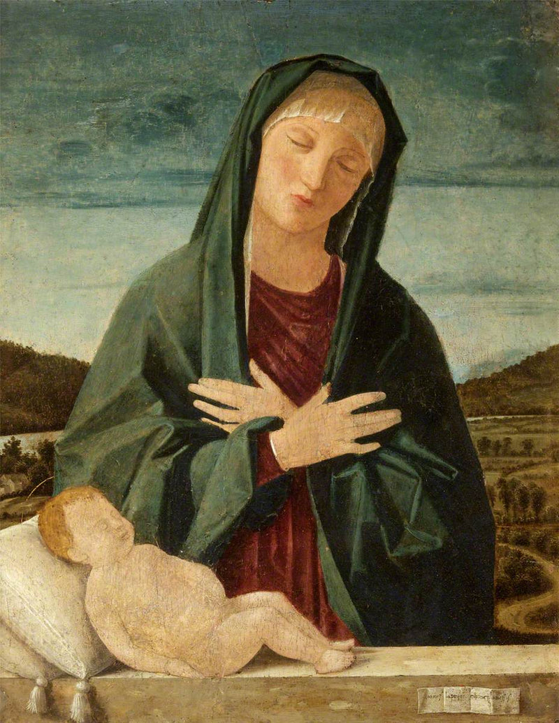 De Maagd Maria die het slapende Kind Jezus aanbidt - Cima da Conegliano
