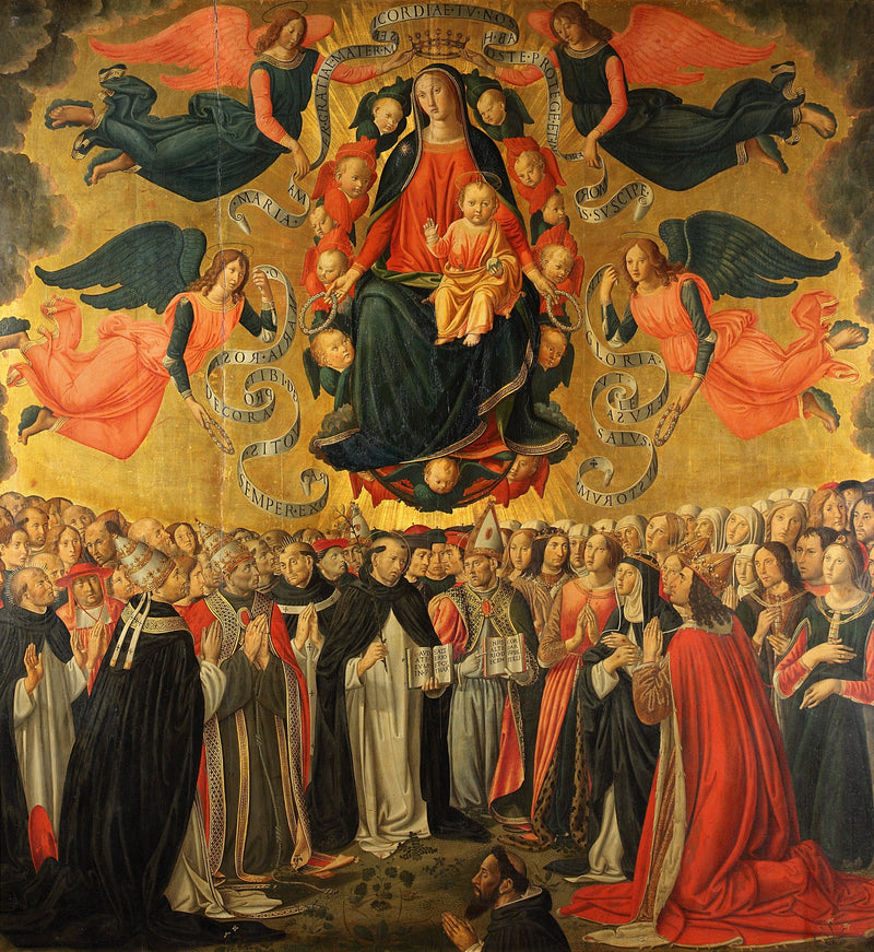 De Maagd Maria met het Kind Jezus in glorie, vereerd door engelen, heiligen, gebeden en een schenker. - Cosimo Rosselli