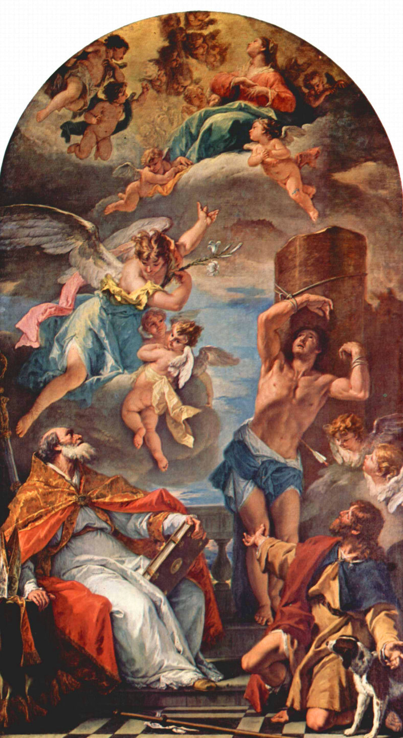 De Maagd Maria in glorie met aartsengel Gabriël en heilige Eusèbe, heilige Sebastianus en heilige Roch - Sebastiano Ricci