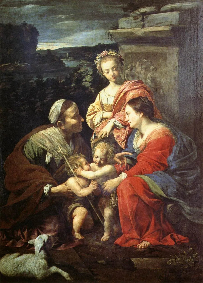 De Maagd Maria en het Kind Jezus met Sint Elisabeth, Sint Johannes de Doper en Sint Catharina - Simon Vouet
