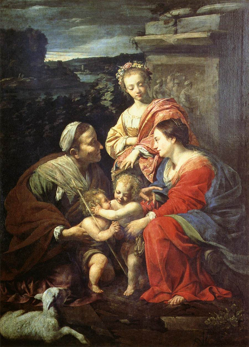 De Maagd Maria en het Kind Jezus met Sint Elisabeth, Sint Johannes de Doper en Sint Catharina - Simon Vouet