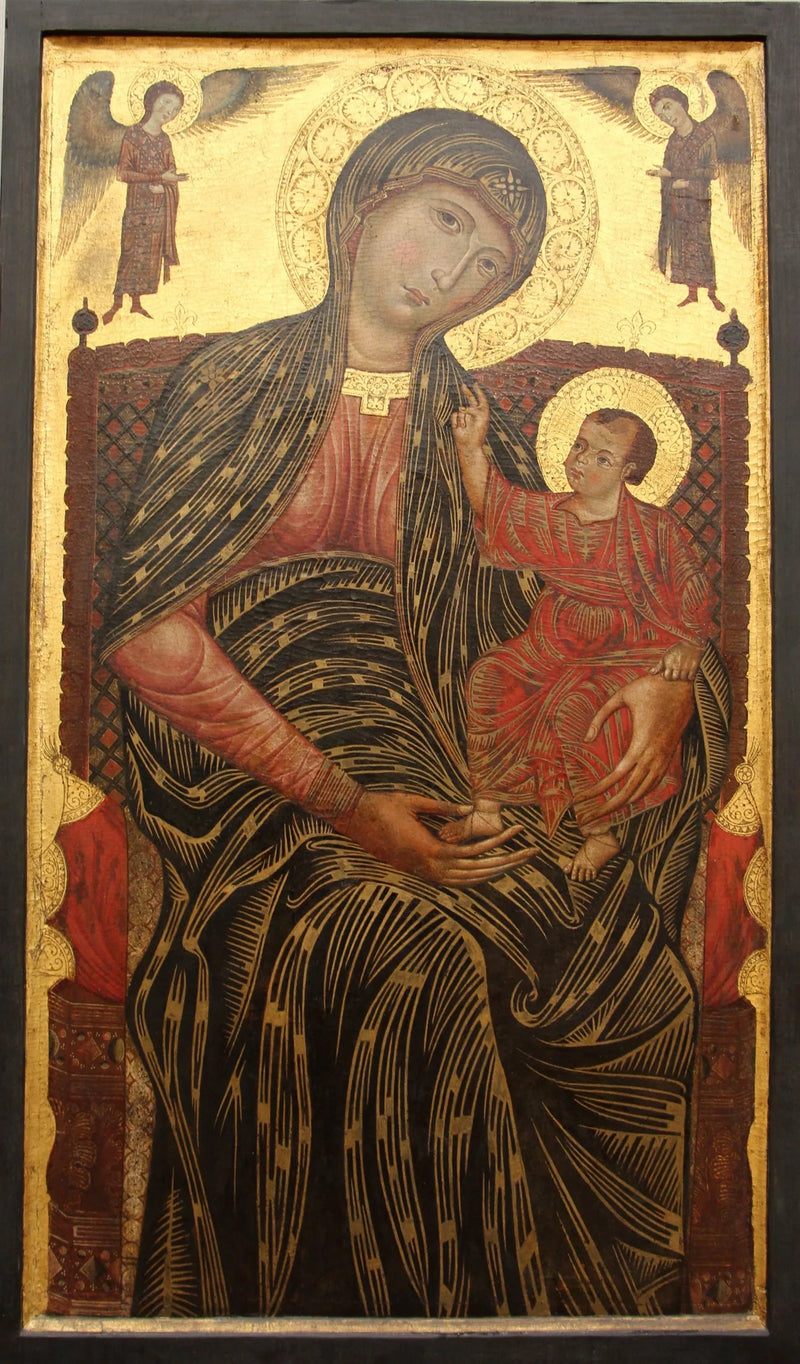 De Maagd Maria zittend met twee engelen - Meester van de Magdalena