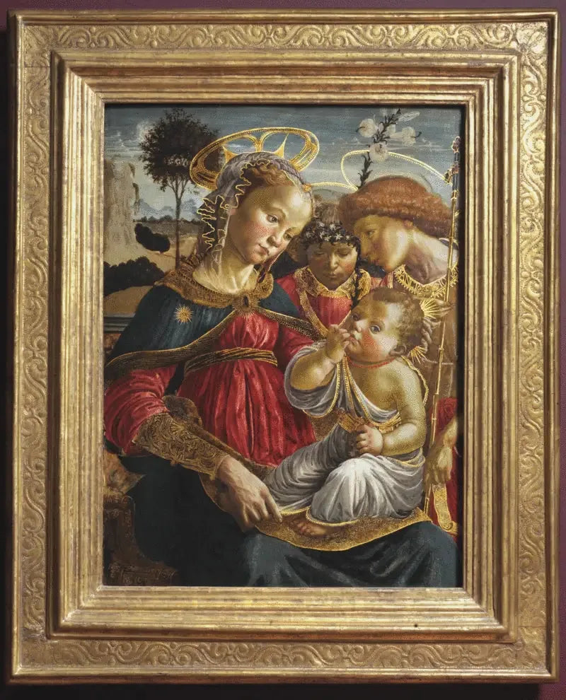 De Maagd, de heilige Johannes de Doper en een engel die het Kind Jezus aanbidt - Sandro Botticelli