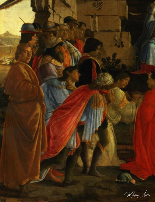 L'Adoration des Mages, détail de l'autoportrait et de ceux de la famille Médicis - Sandro Botticelli - Reproductions de tableaux et peintures haut de gamme