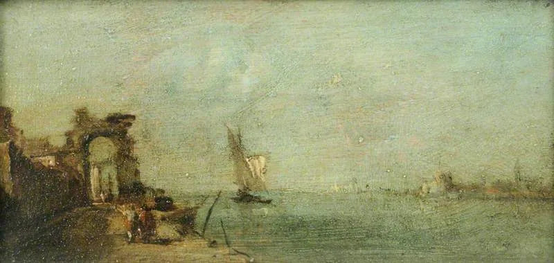 Lagune van Capriccio met een ruïneboog - Francesco Guardi