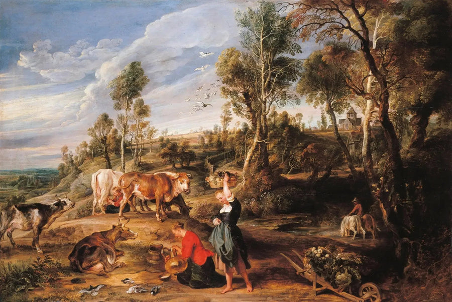 Melksters met vee in een landschap, « La Ferme de Laeken » - Peter Paul Rubens