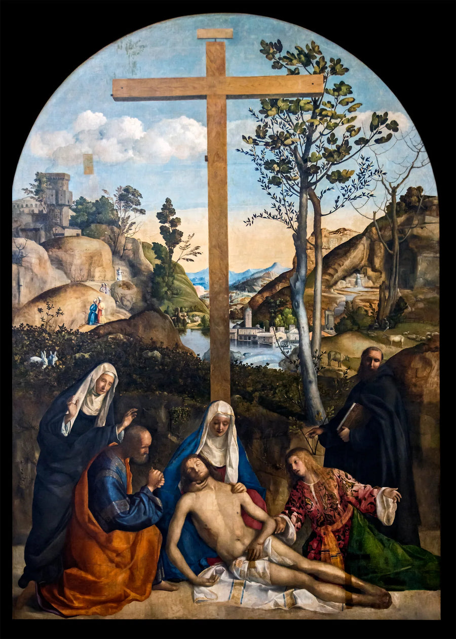Lamentatie over de gestorven Christus met Jozef van Arimathea, de Maagd en Maria Magdalena, tussen heilige Martha en Filippo Benizi - Giovanni Bellini