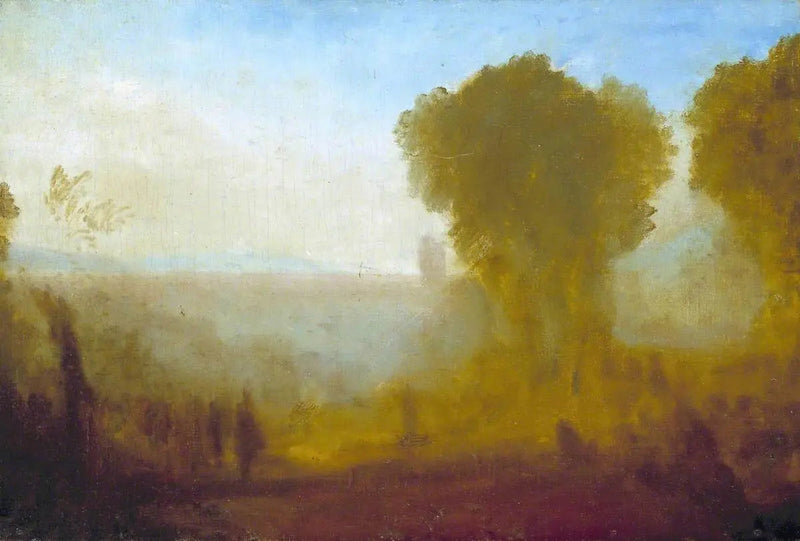 Landschap met Toren, Bomen en Figuren; mogelijk Arcueil nabij Parijs - J. M. W. Turner