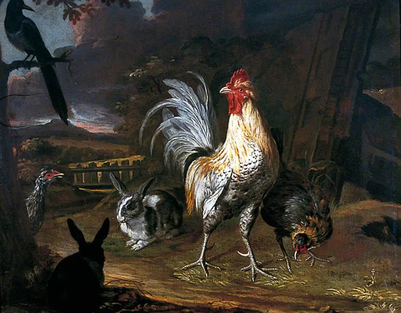 Konijnen, een haan en een kip op de achtergrond van een landschap - Melchior de Hondecoeter