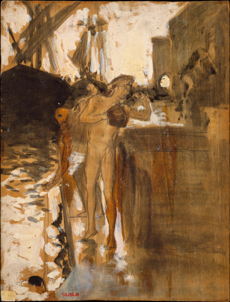 Het Balkon, Spanje [en] Twee naakte baders staand op een kade - John Singer Sargent