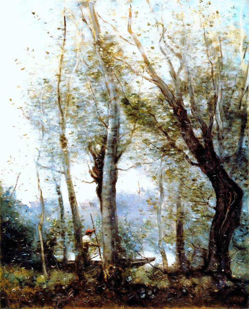 De bootman die achter de bomen van de oever passeert - Jean-Baptiste Camille Corot
