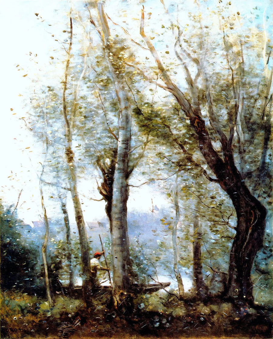 De bootman die achter de bomen van de oever passeert - Jean-Baptiste Camille Corot