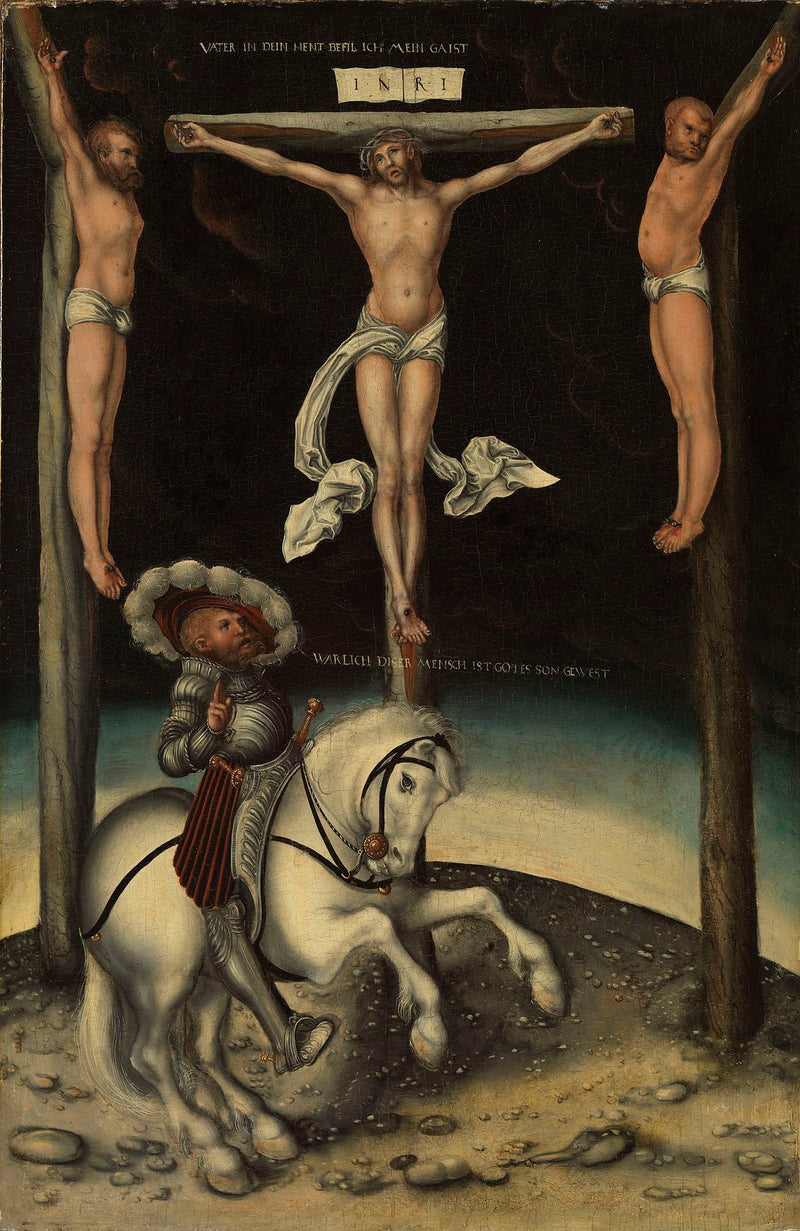 De Centurion Longinus tussen de kruisen van Christus en de twee rovers - Lucas Cranach de Oudere
