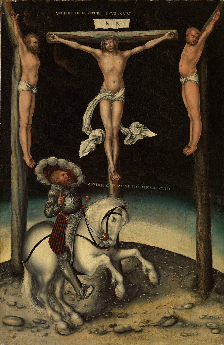 De Centurion Longinus tussen de kruisen van Christus en de twee rovers - Lucas Cranach de Oudere