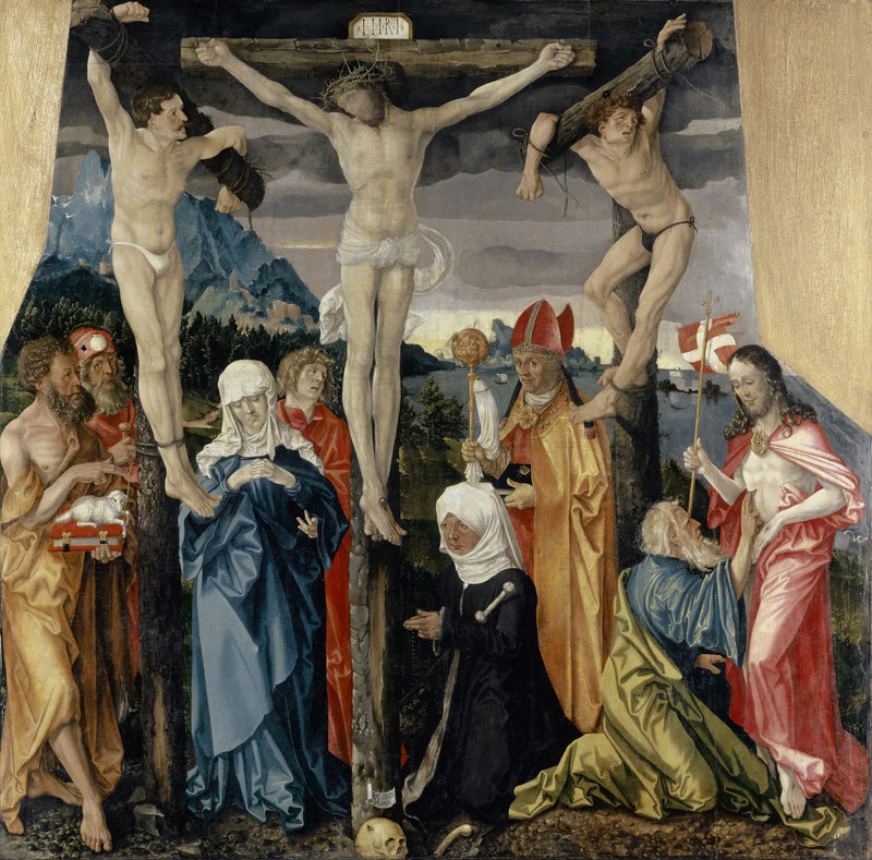 Het Christus aan het kruis met de dieven, heiligen en een donatrice - Hans Baldung Grien