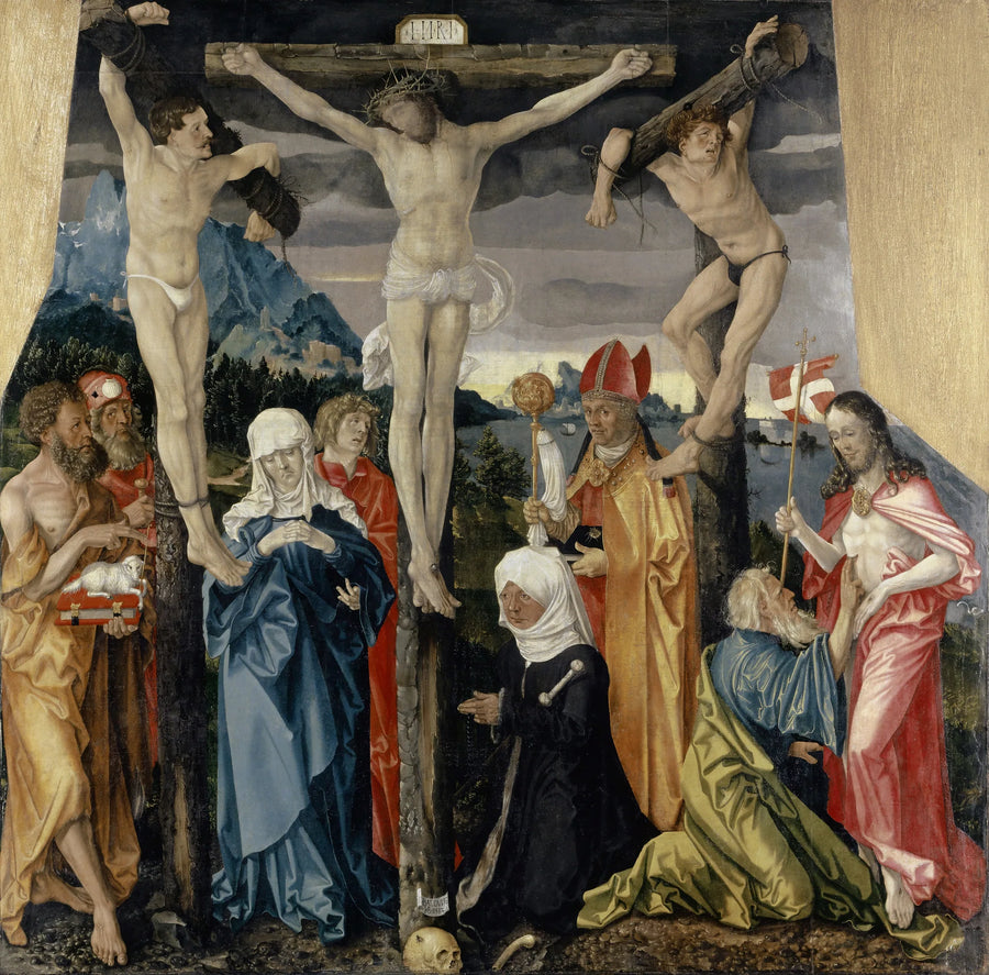 Het Christus aan het kruis met de dieven, heiligen en een donatrice - Hans Baldung Grien