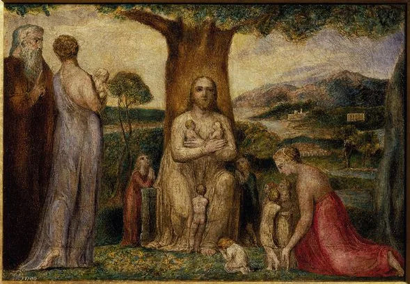 De zegenende Christus die de kleine kinderen vasthoudt - William Blake