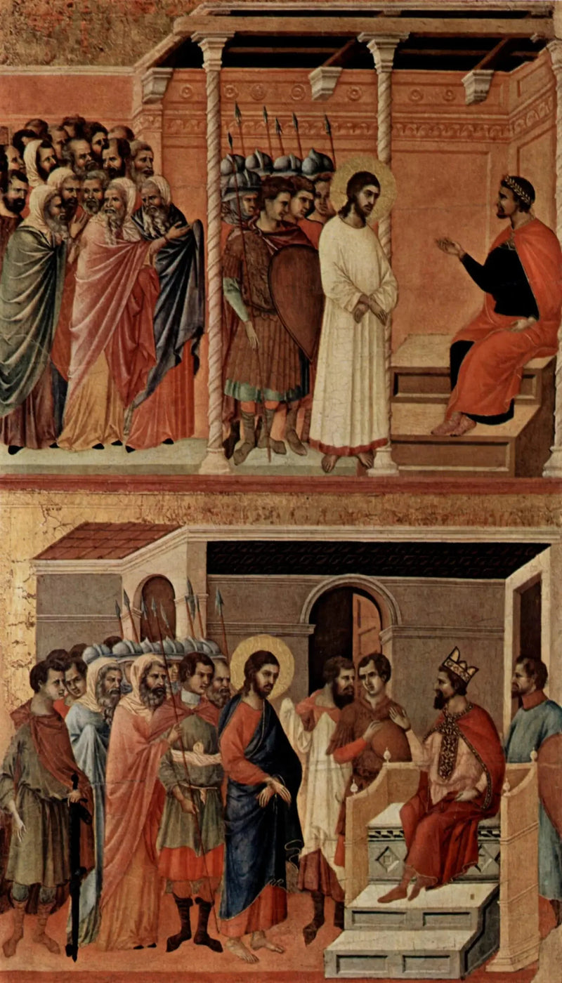 Het Christus voor Pilatus opnieuw (bovenaan); Het Christus voor Herodes (onderaan) - Duccio di Buoninsegna
