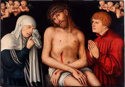 Het Christus als Man van Smarten, geflankeerd door de Maagd en Johannes de Doper met engelen - Lucas Cranach de Oudere