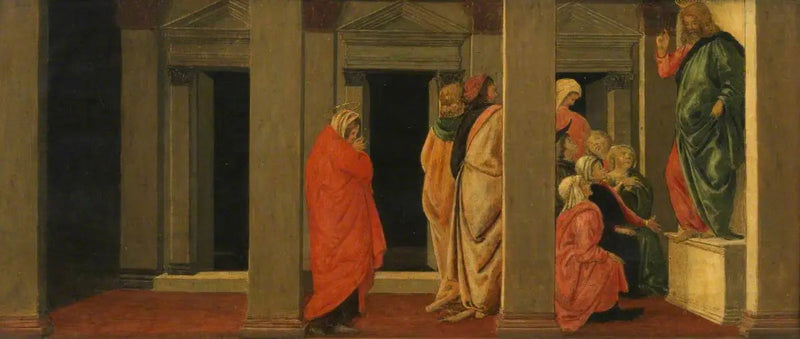 Christus die onderwijst (predella, paneel één) - Sandro Botticelli