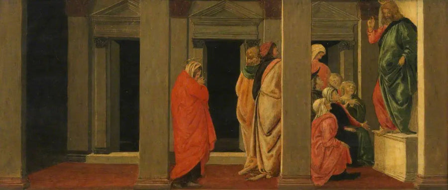 Christus die onderwijst (predella, paneel één) - Sandro Botticelli