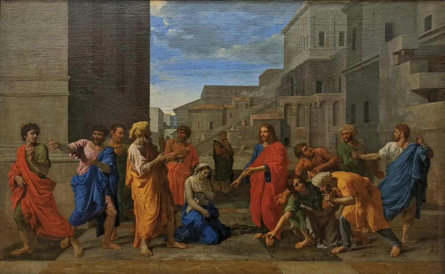 Christus en de overspelige vrouw - Nicolas Poussin