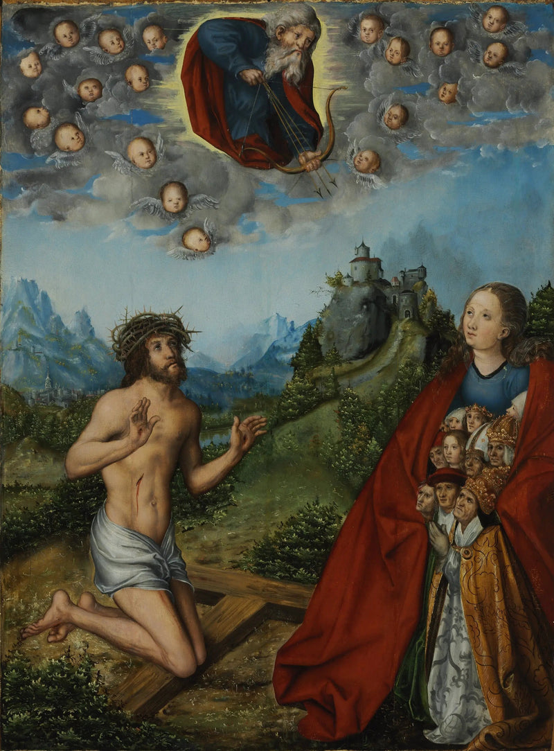 Christus en de Maagd die voor de mensheid tussenbeide komen bij God de Vader - Lucas Cranach de Oudere