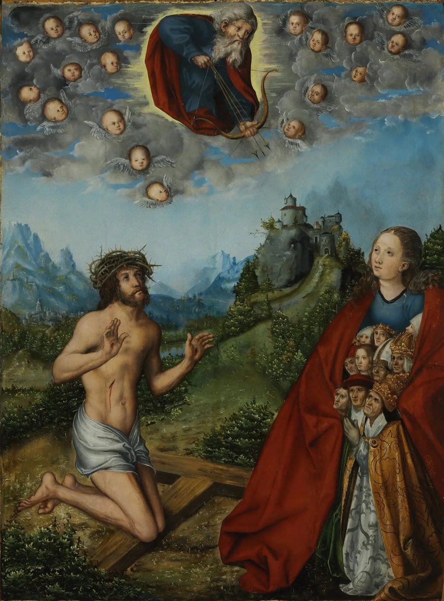 Christus en de Maagd die voor de mensheid tussenbeide komen bij God de Vader - Lucas Cranach de Oudere