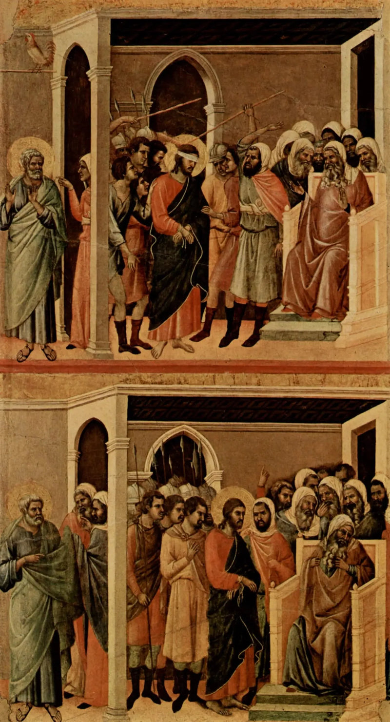 De bespotte Christus (bovenaan); De Christus voor Caïfas (onderaan) - Duccio di Buoninsegna