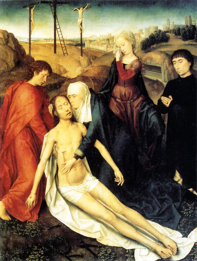De gestorven Christus die wordt gehuild door Zijn Moeder, Sint Jan en - Hans Memling