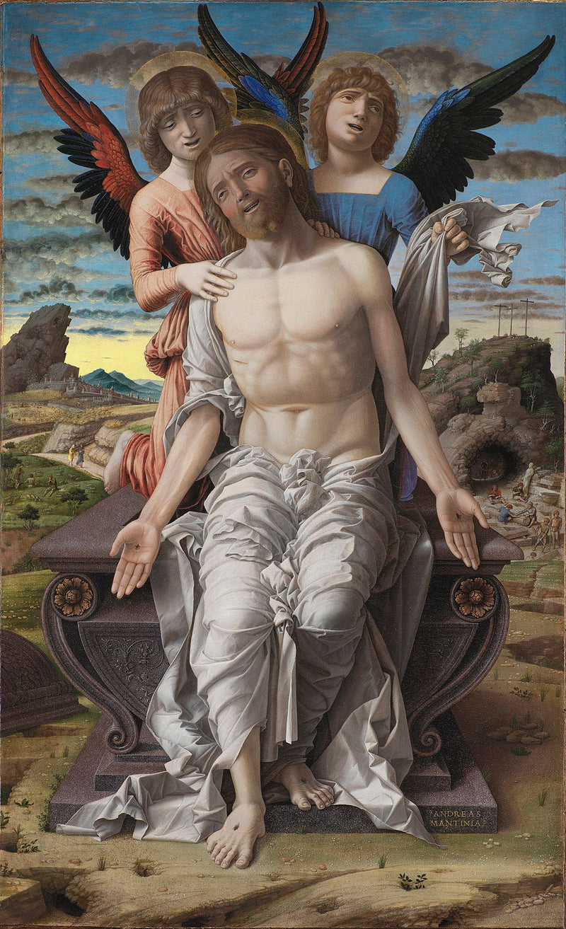De gestorven Christus ondersteund door twee engelen - Andrea Mantegna