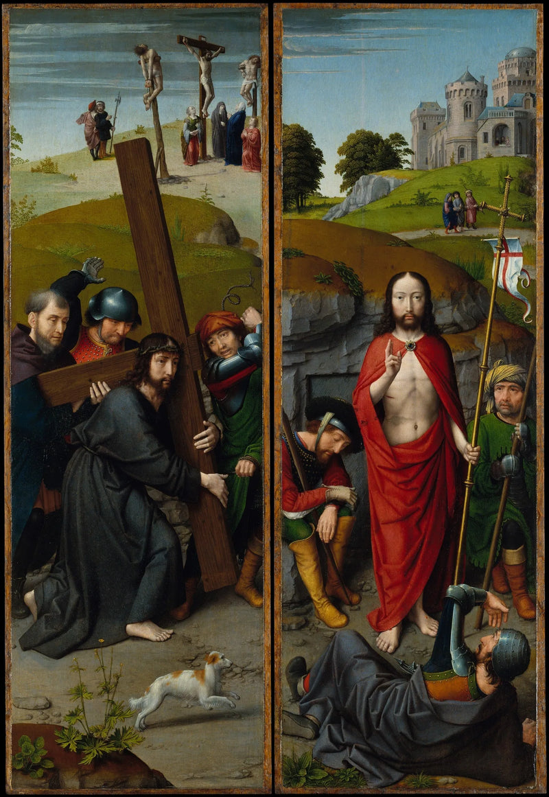 Christus met het kruis, met de kruisiging; de Opstanding, met de Emmaüsgangers - Gérard David