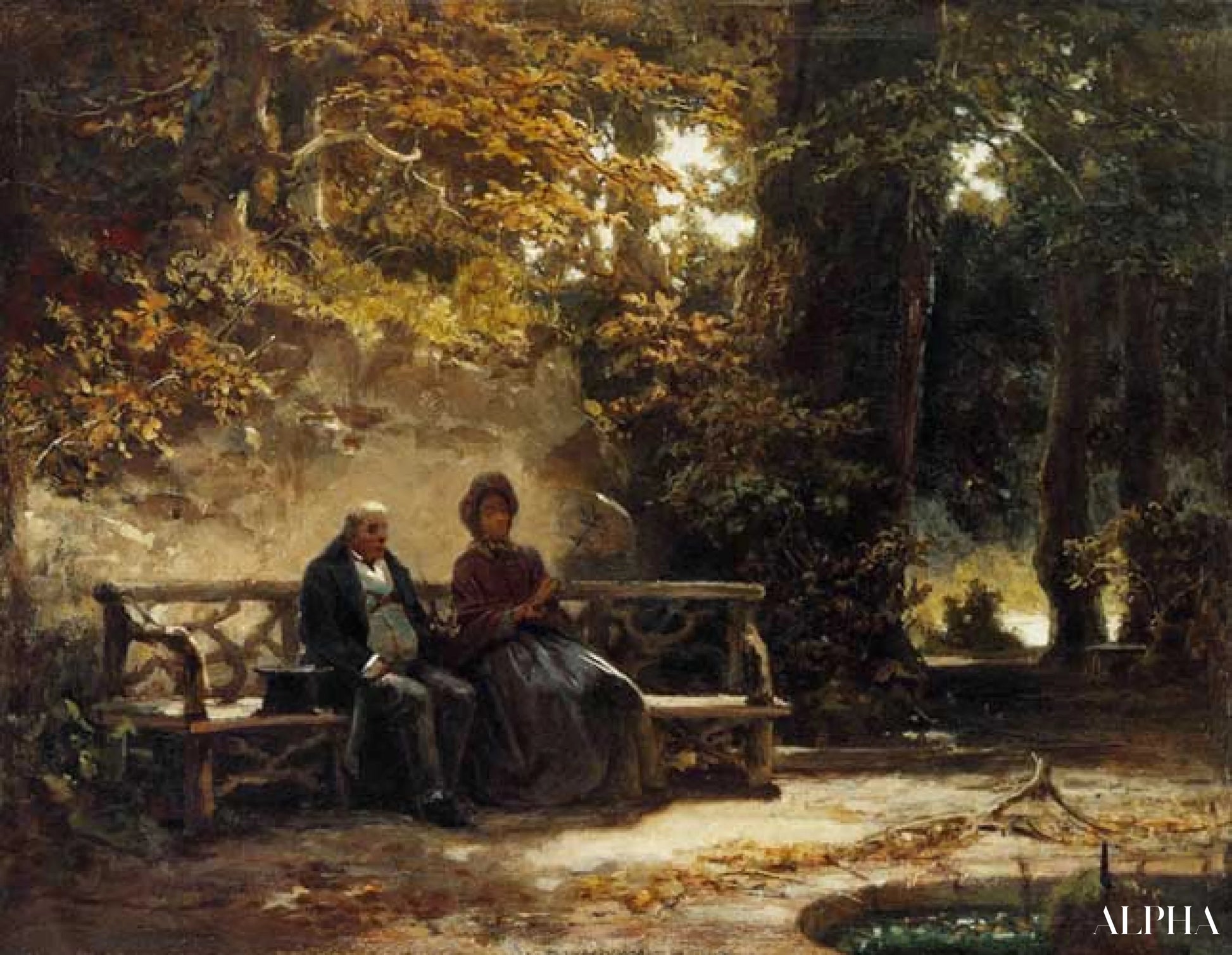 Het paar op de bank (wandelaars die uitrusten) - Carl Spitzweg - Reproducties van schilderijen en hoogwaardige schilderijen