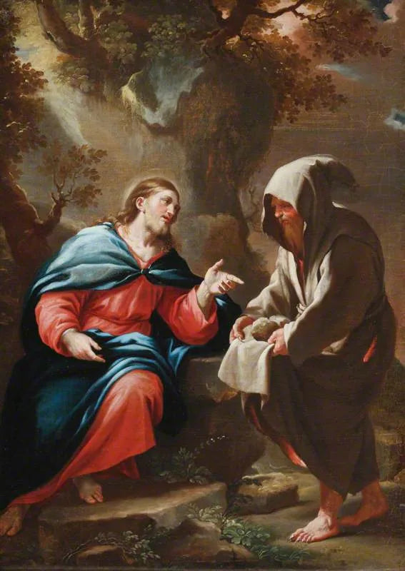 De verleidelijke duivel die Christus probeert te verleiden stenen in brood te veranderen - Luca Giordano