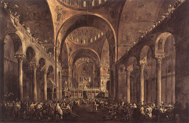 De doge Alvise IV Mocenigo toont zich aan het volk in de basiliek San Marco 1763 - Francesco Guardi
