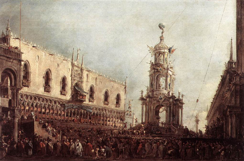 De doge van Venetië woont de Mardi Gras-feesten bij op de Piazzetta - Francesco Guardi
