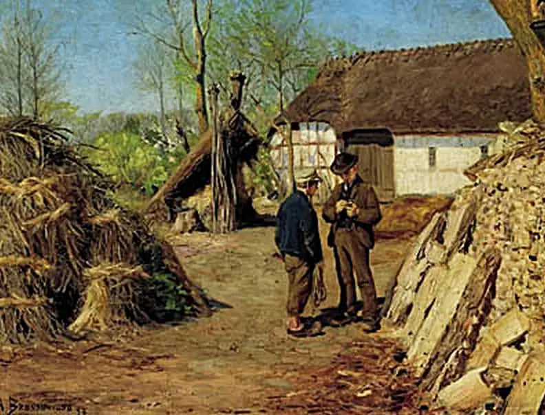 De zoon van een jonge boer spreekt met een jonge landbouwer. - H. A. Brendekilde

Source:
Le fils d'un jeune fermier parle à un jeune paysan. - H. A. Brendekilde