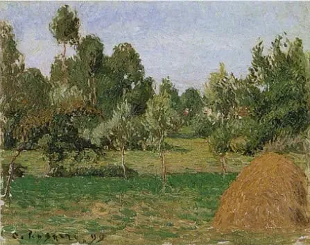 De achtergrond van de wei in Eragny, met een hooiberg aan de rechterkant - Camille Pissarro