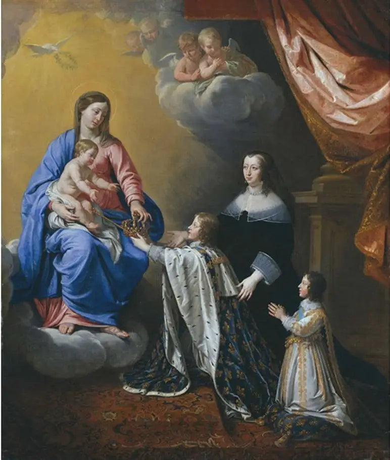 De jonge Lodewijk XIV biedt zijn kroon aan aan de Maagd en het kind - Philippe de Champaigne