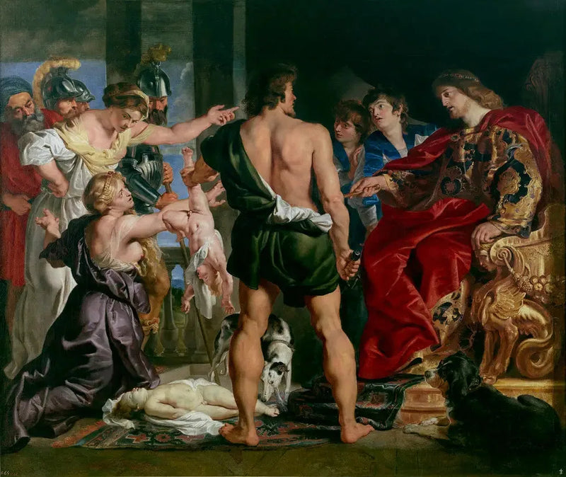 Salomons oordeel: Salomon spreekt zijn vonnis uit; hij beveelt een soldaat om het levende kind in twee te delen; de echte moeder verzet zich tegen het vonnis van Salomo (1 Koningen 3:25-27) - Peter Paul Rubens