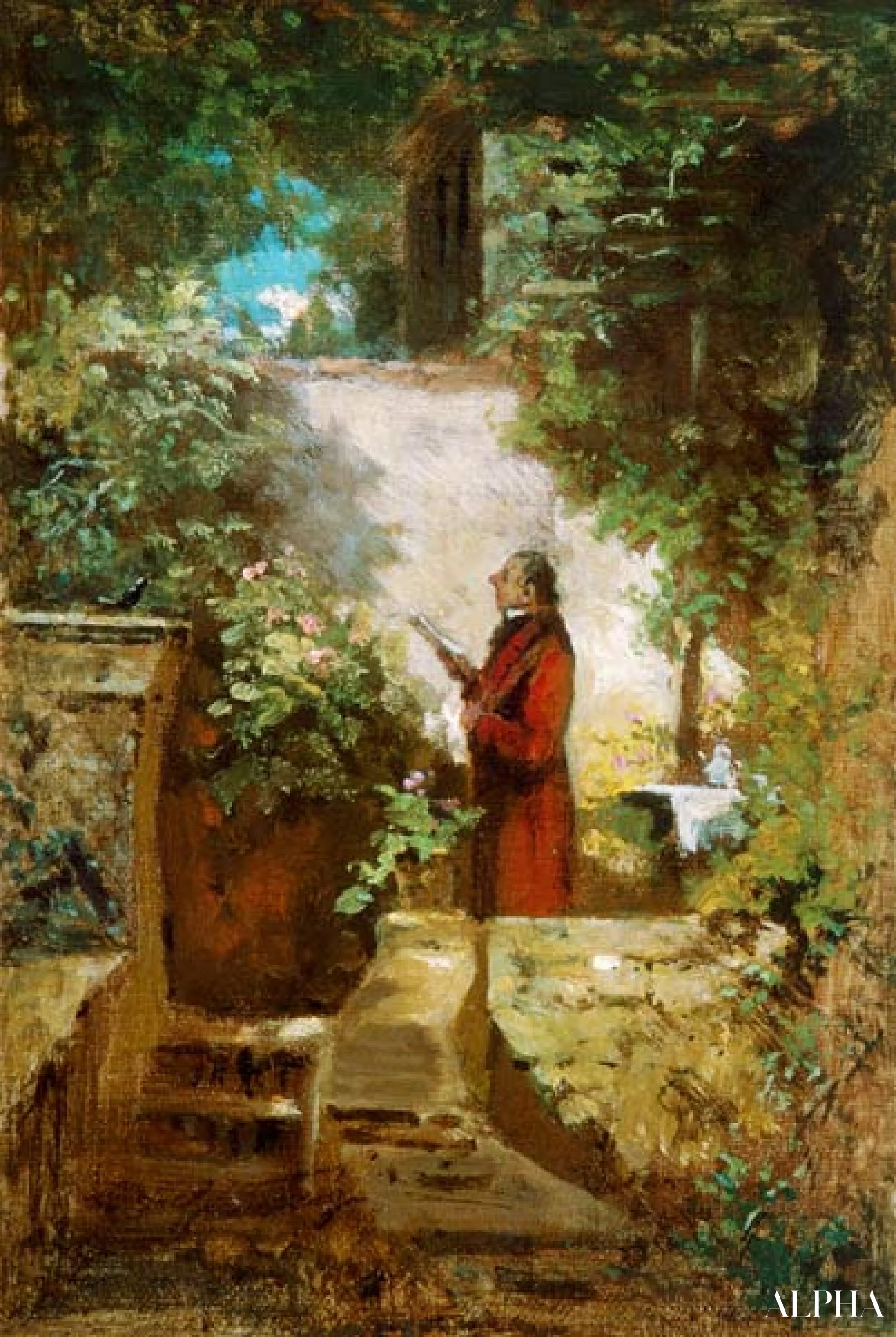 De krantenlezer in de tuin van het huis - Carl Spitzweg - Reproducties van schilderijen en hoogwaardige schilderijen