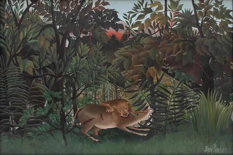 De leeuw, die honger heeft, valt de antilope aan - Henri Rousseau