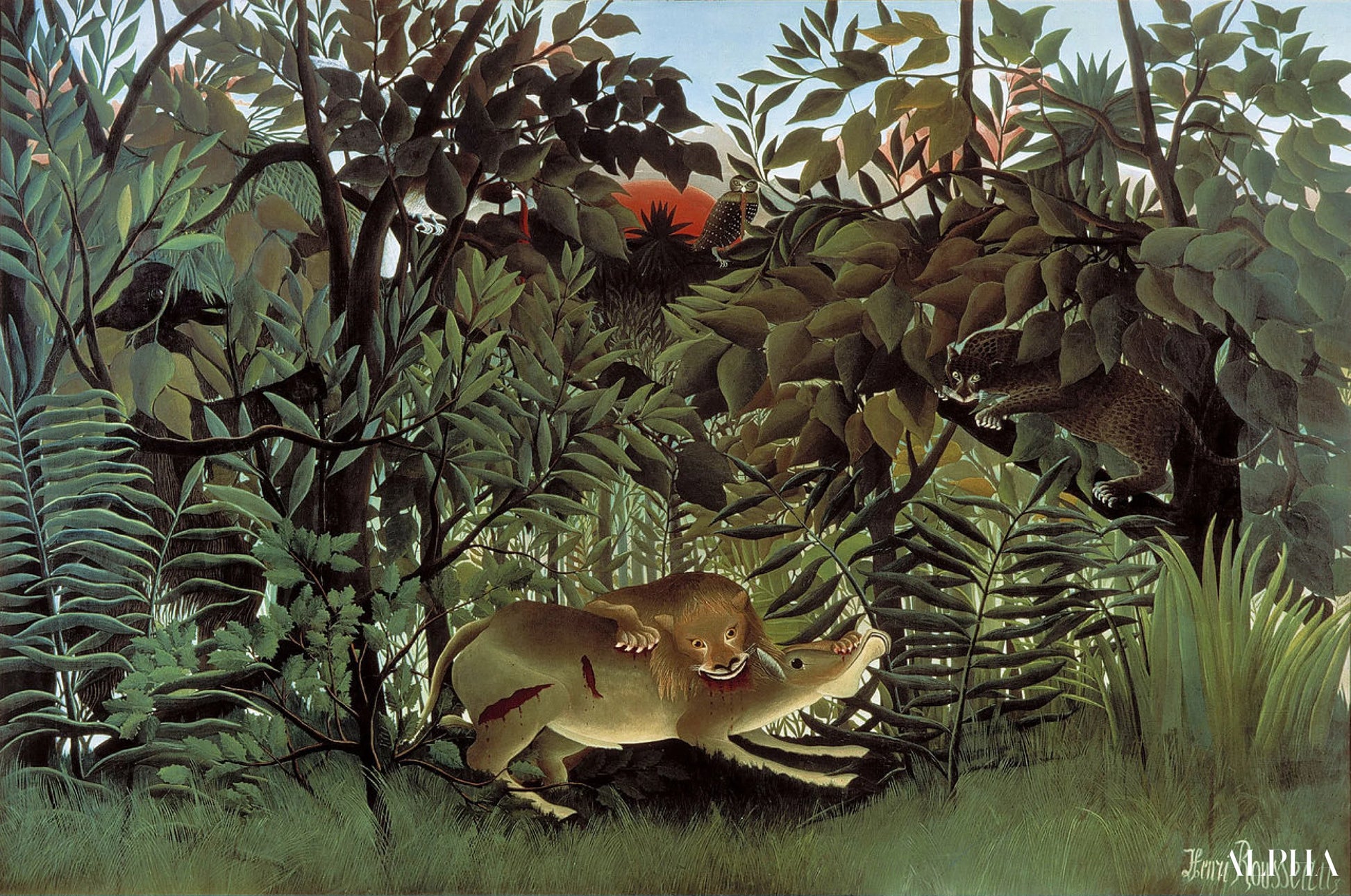 De leeuw die honger heeft, werpt zich op de antilope - Henri Rousseau - Reproducties van schilderijen en hoogwaardige schilderijen