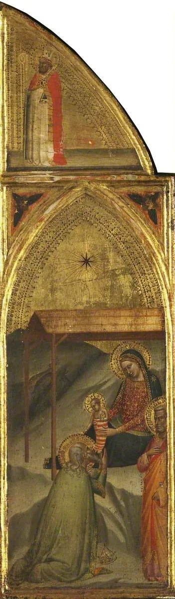 De tovenaar die het Kind Jezus en de bisschop aanbidt (triptyque, rechterpaneel) (achterzijde) - Bernardo Daddi
