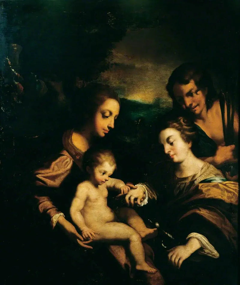 De mystieke huwelijksceremonie van Sint-Catharina met Sint-Sebastiaan - Antonio da Correggio