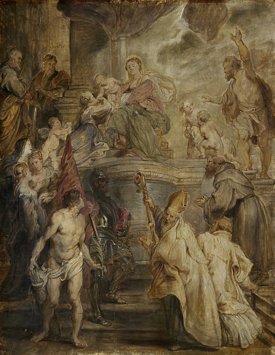 De mystieke bruiloft van Sint-Catharina (Kleurstudie voor het altaar van de kerk van de Augustijnen in Antwerpen), achterzijde: Twee cavaleriegevechten - Peter Paul Rubens