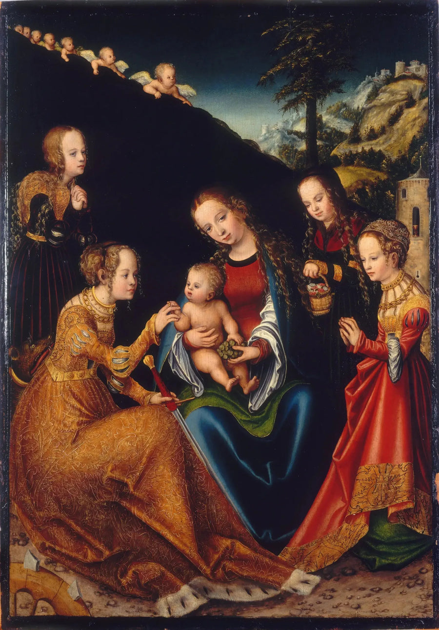 De mystieke huwelijksceremonie van Sint-Catharina van Alexandrië met de heilige Dorothea, Margaretha en Barbara - Lucas Cranach de Oudere